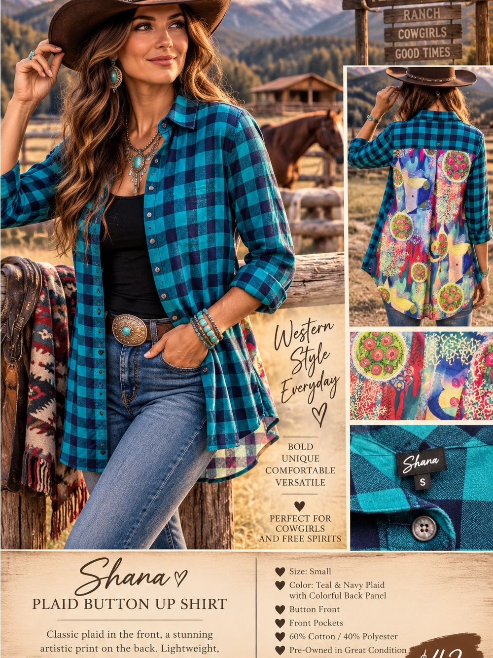 Shana Plaid Boho Western Tunic Shirt Colorful Art Back Small